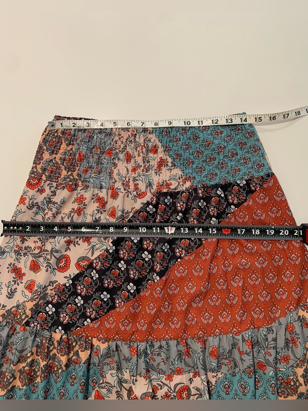 Boho Patchwork Smocked Waist Tiered Long Maxi Skirt, Teal Rust Cottagecore, L - Picture 7 of 10